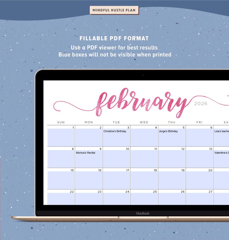 Afdrukbare kalender 2026, bewerkbaar, 12 maanden bureaukalender, liggend, aquarel pdf, Letter-formaat, A4, afbeelding 4