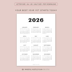 Calendario 2026 en una página imprimible, resumen del año, calendario de escritorio, PDF, tamaño carta, A4, inicio lunes, domingo, minimalista, vertical imagen 4