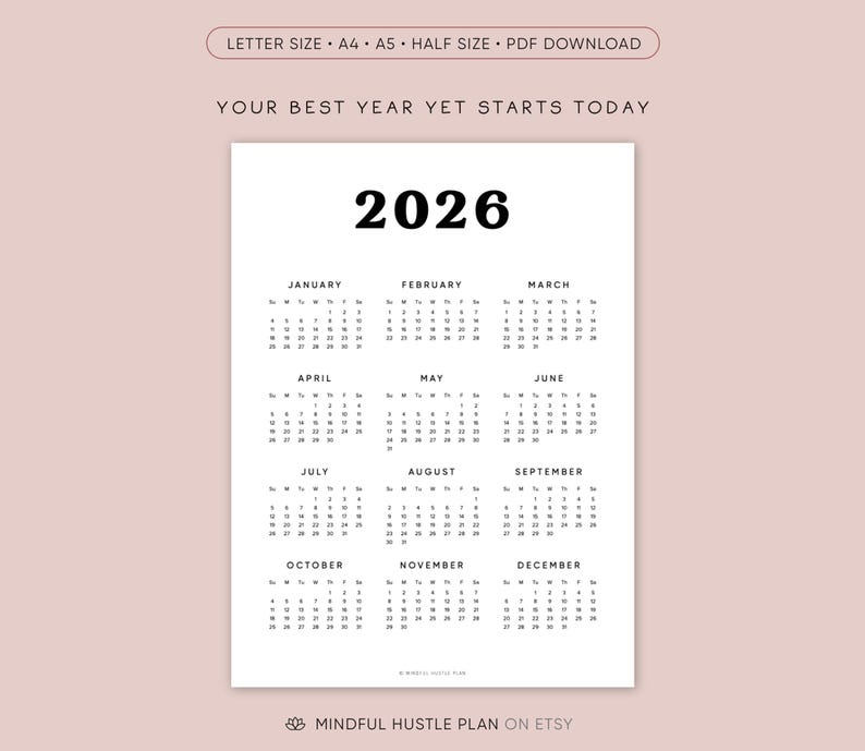 Calendario 2026 en una página imprimible, resumen del año, calendario de escritorio, PDF, tamaño carta, A4, inicio lunes, domingo, minimalista, vertical imagen 4
