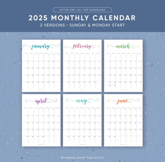 2025 Printable Calendar, Watercolor Lettering, Portrait
