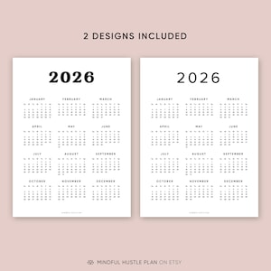Calendario 2026 en una página imprimible, resumen del año, calendario de escritorio, PDF, tamaño carta, A4, inicio lunes, domingo, minimalista, vertical imagen 2