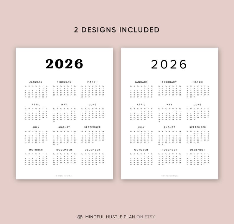 Calendario 2026 en una página imprimible, resumen del año, calendario de escritorio, PDF, tamaño carta, A4, inicio lunes, domingo, minimalista, vertical imagen 2