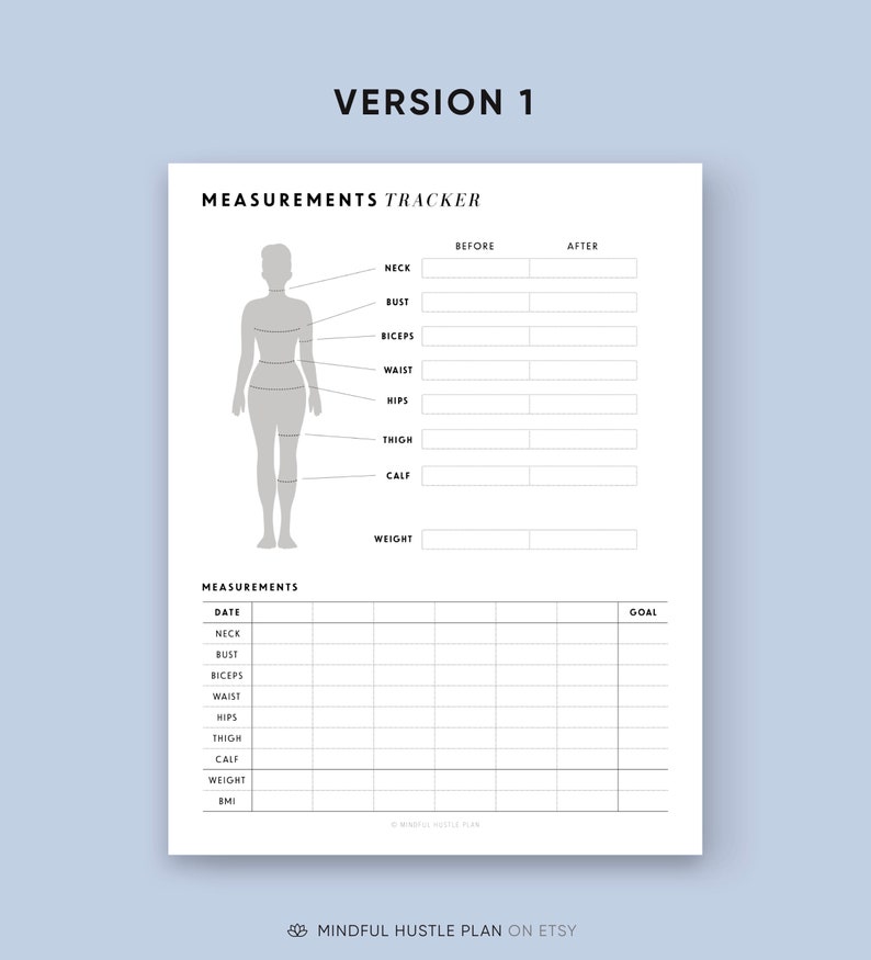 Metingen Tracker afdrukbaar, vrouwelijk lichaam en mannelijk lichaam, gewichtsverlies tracker, BMI, fitnessdagboek, dieetdagboek, gezond leven, PDF afbeelding 2