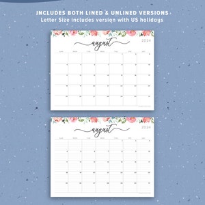 2024 printable calendar, calendar floral horizontal layout with us holidays