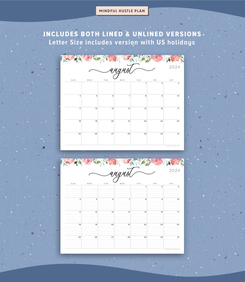 2024 printable calendar, calendar floral horizontal layout with us holidays