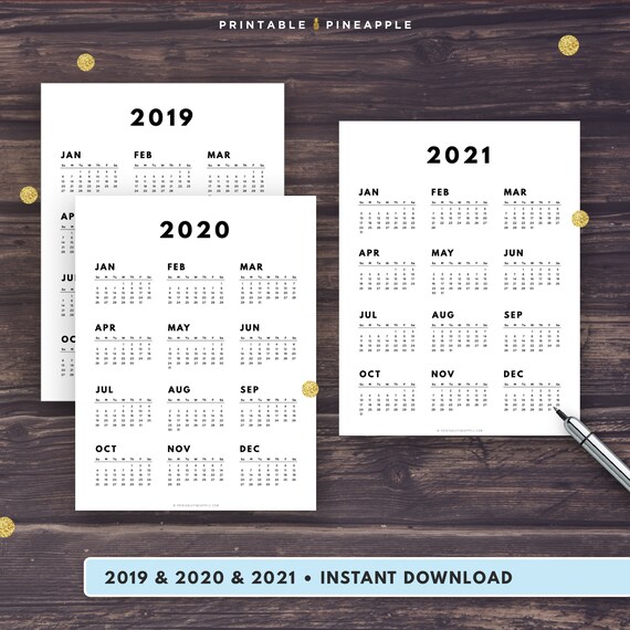 2019 2020 2021 year at a glance calendar printable yearly agenda half letter size filofax a5 a4 monday sunday start black white year at a glance calendar 2020