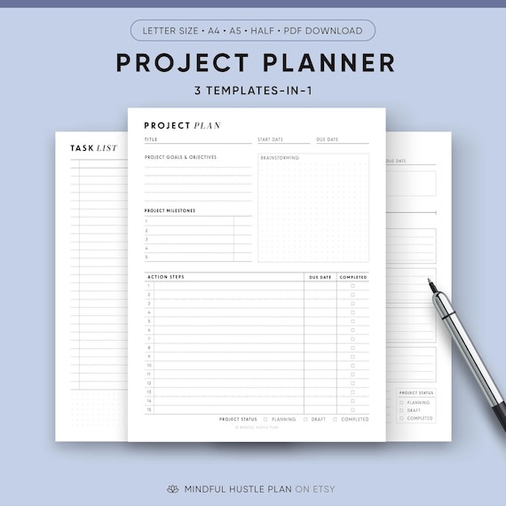 Project Planner Printable, Project Planning Templates, Tasks To Do List, Work Productivity, Student Planner Inserts PDF, A4, A5, Letter
