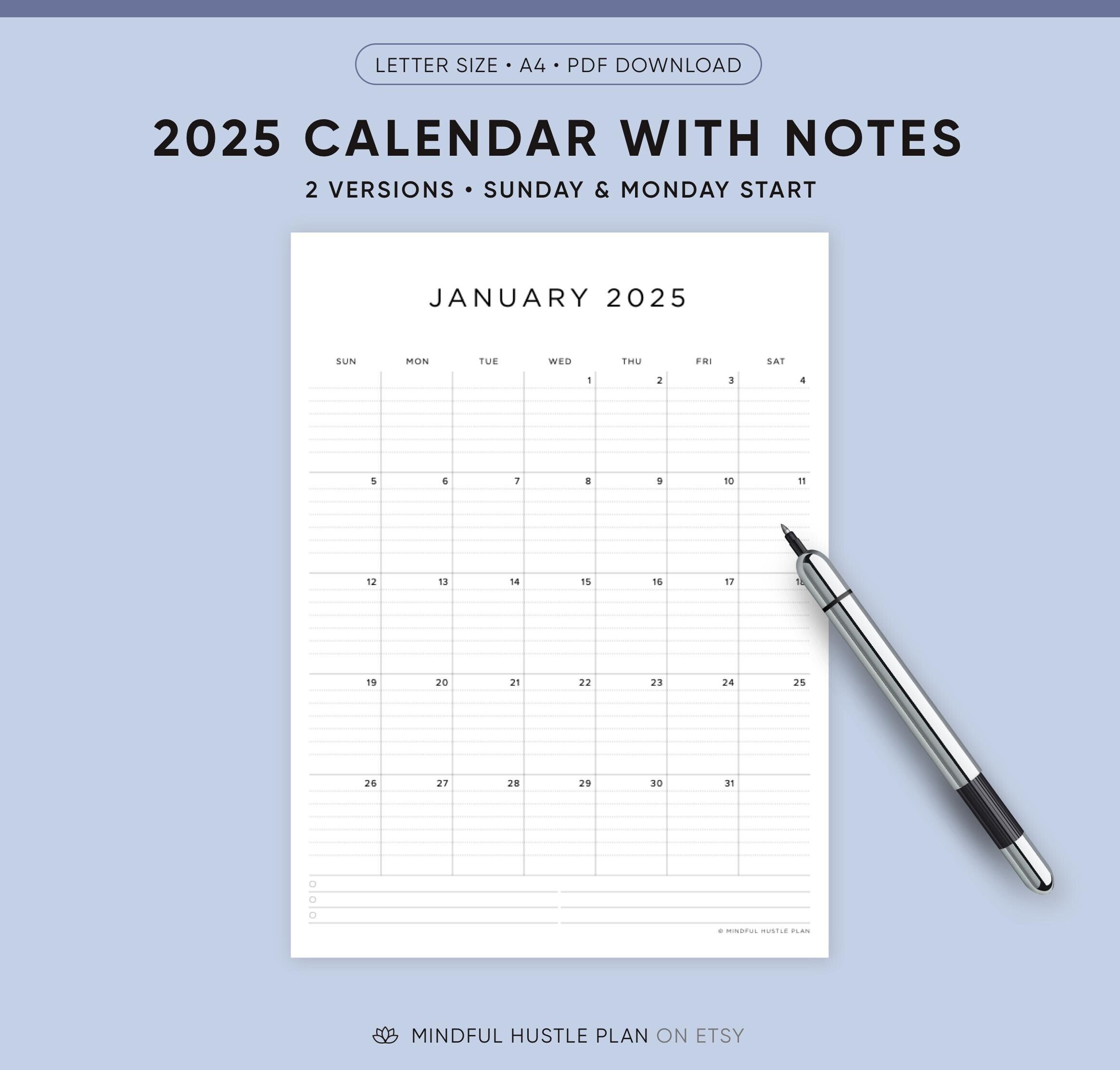 2025 Calendar Printable, Minimalist Calendar With Notes, PDF Download ...