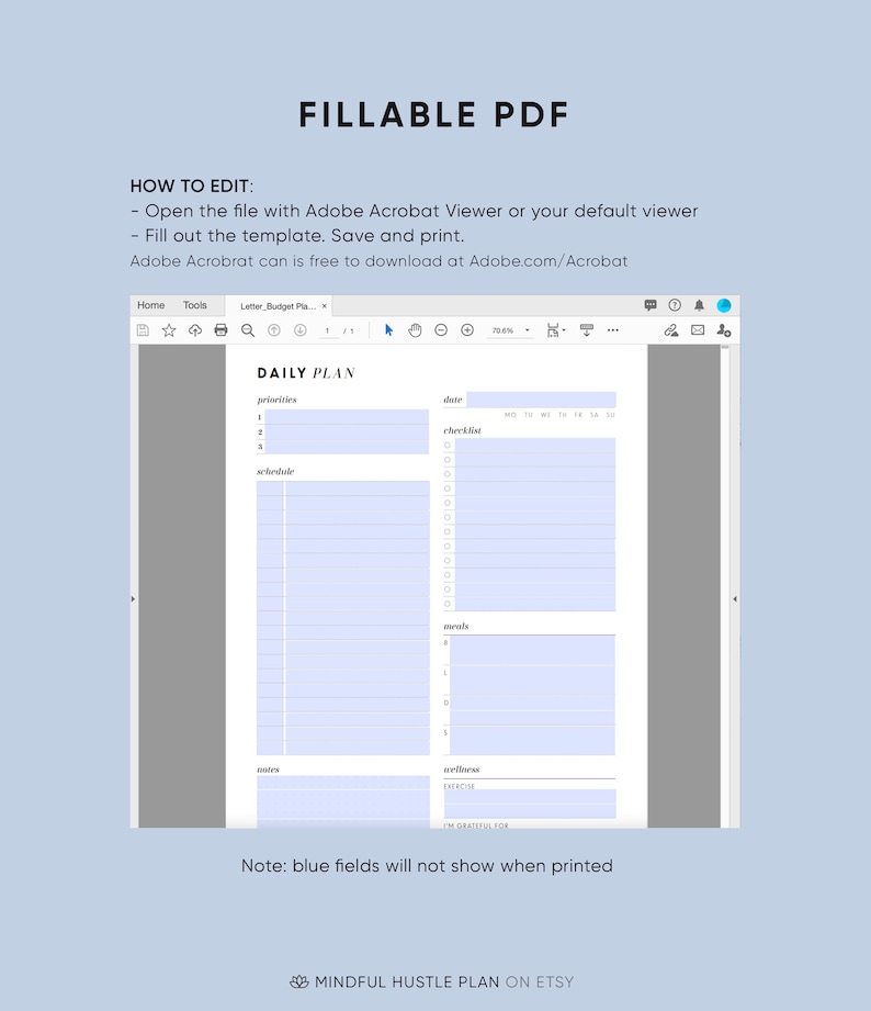 Pianificatore giornaliero Piano giornaliero stampabile e modificabile, Pianificatore senza data inserisce PDF, A5, Mezza dimensione, Formato lettera, A4, Download digitale istantaneo immagine 4