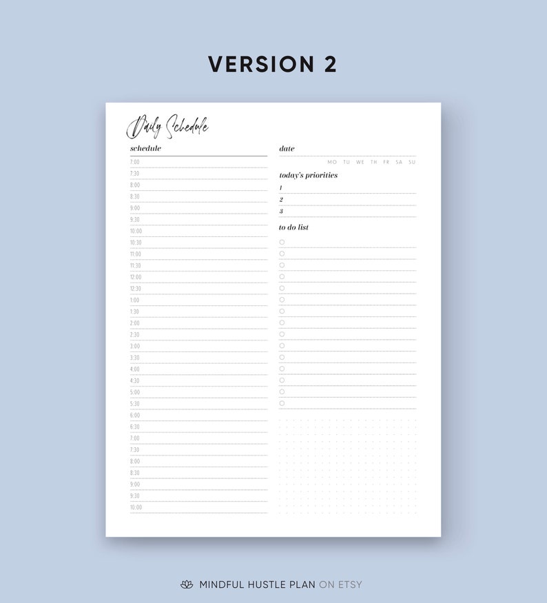 May include: A printable daily schedule planner with sections for schedule, today's priorities, and a to-do list. The planner has a simple design with black text on a white background.
