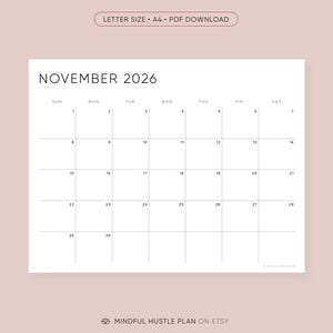 Printable 2026 Calendar, Minimalist PDF, Letter Size, A4, Landscape Layout, Sunday Monday Start image 3