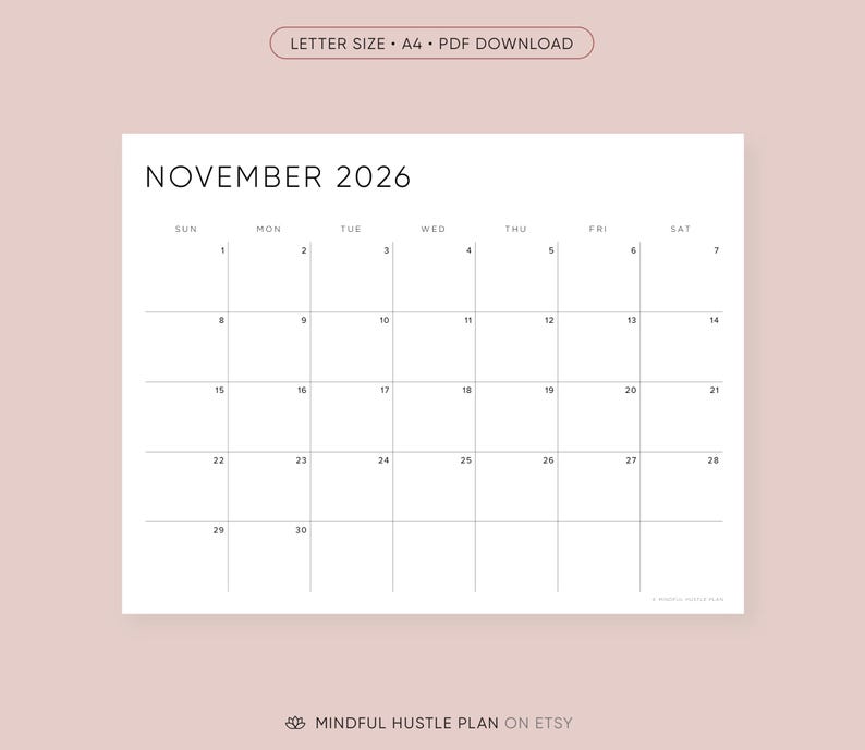 Printable 2026 Calendar, Minimalist PDF, Letter Size, A4, Landscape Layout, Sunday Monday Start image 3