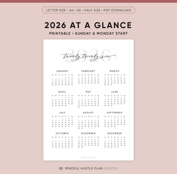 2026 Calendar Printable, Desk Calendar, Year At-A-Glance Yearly, Calligraphy Minimalist, Wall, PDF Download, A5, A4, Letter Size 8.5 x 11