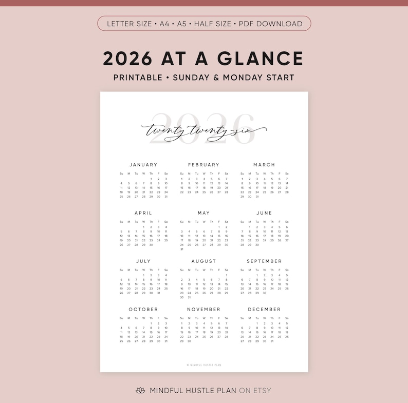 2026 Calendar Printable, Desk Calendar, Year At-A-Glance Yearly, Calligraphy Minimalist, Wall, PDF Download, A5, A4, Letter Size 8.5 x 11 image 1