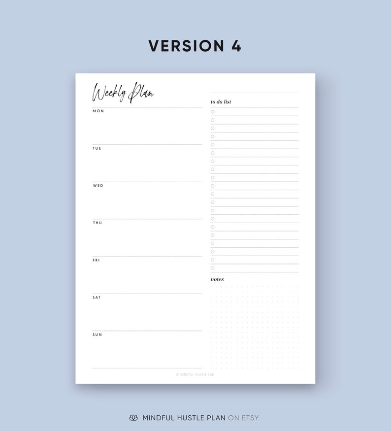 Weekly Planner Printable 4 in 1 Printable Weekly Task List PDF, A5, Half Size, Letter, A4 Digital Download, Minimalistt Design Templates image 5