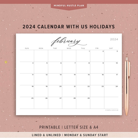 Printable 2024 Calendar With Holidays PDF, Calligraphy, Minimalist, Letter Size, Landscape, With Lines, Sunday Monday Lettering, by Month - Etsy Printable 2024 Calendar With Holidays PDF, Calligraphy, Minimalist, Letter Size, Landscape, With Lines, Sunday Monday Lettering, by Month - Etsy