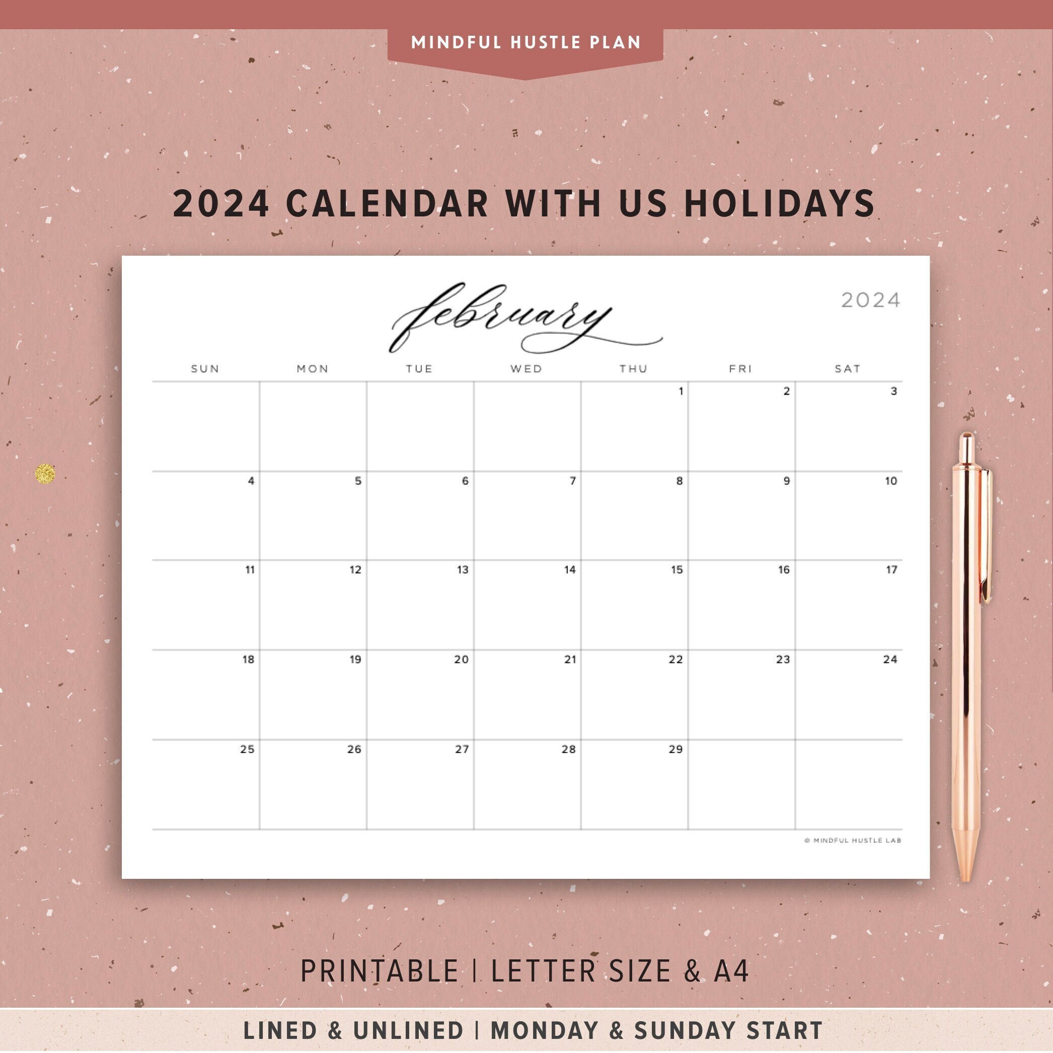 Printable 2024 Calendar With Holidays PDF, Calligraphy, Minimalist, Letter Size, Landscape, With Lines, Sunday Monday Lettering, by Month - Etsy Israel
