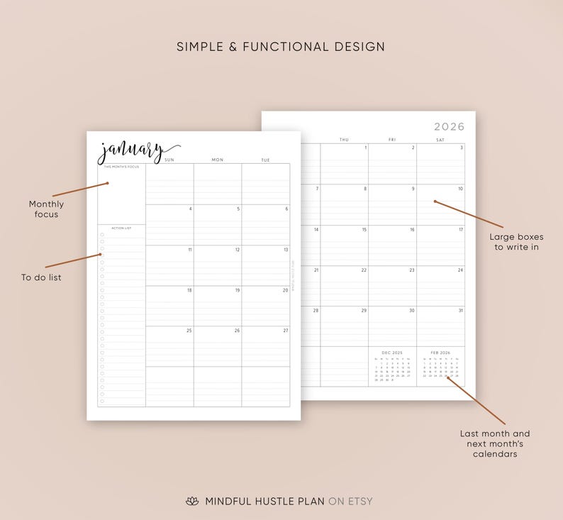 2026 Dated Monthly Planner on Two Pages, Monthly Organizer, Monthly Agenda, Month At a Glance, A5 Inserts, Half Size, Letter 8.5x11 in, A4 image 3