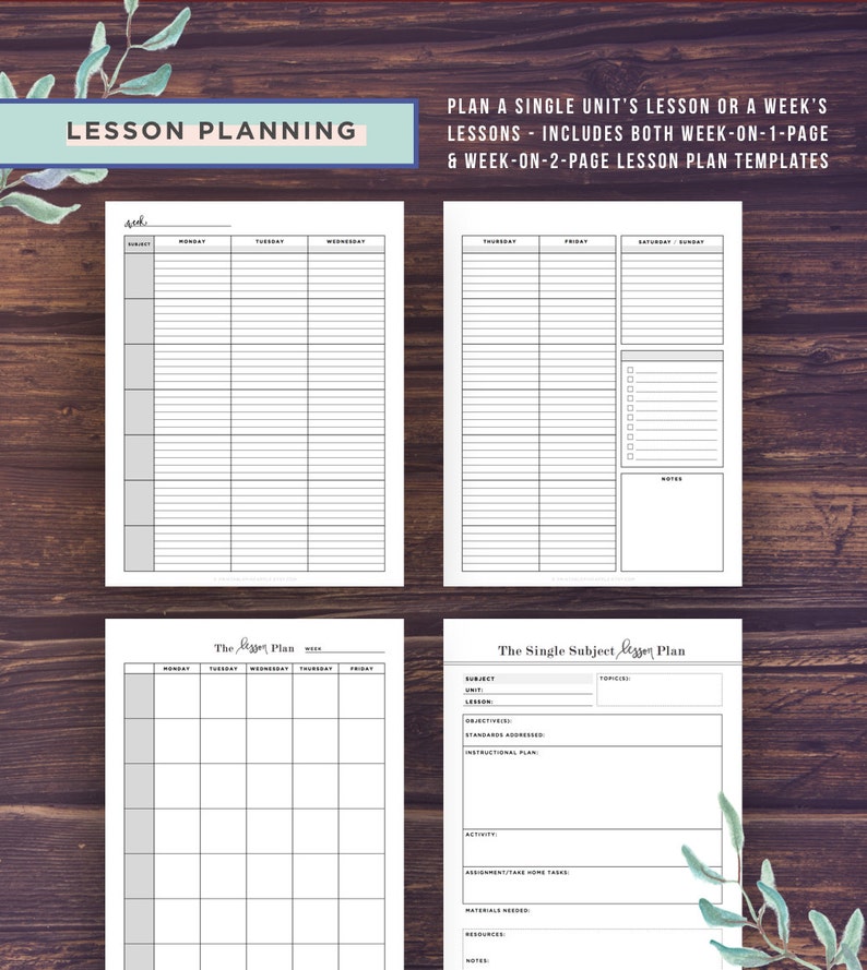 May include: A printable lesson planning template for teachers. The template includes a weekly lesson plan and a single subject lesson plan. The template is designed to help teachers plan their lessons and track their progress.