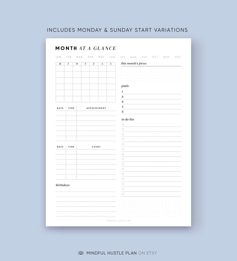 Month at a Glance Printable, Monthly Dashboard, Printable Planner ...