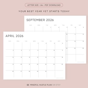 Printable 2026 Calendar, Minimalist PDF, Letter Size, A4, Landscape Layout, Sunday Monday Start image 2
