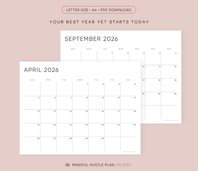 Printable 2026 Calendar, Minimalist PDF, Letter Size, A4, Landscape Layout, Sunday Monday Start image 2