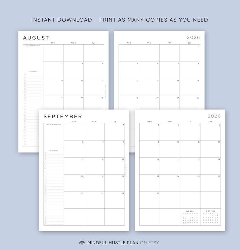 2026 Monthly Planner Printable Download, A5, Half, Letter Size, A4, Dated Month on 2 Pages, 2026 Calendar, MO2P, Lined, PDF image 4