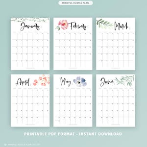 2026 Calendar Printable, Monthly Calendar PDF, Digital Flowers Watercolor, Floral Botanical, Wall, Letter Size A4, By month, Vertical Layout image 3