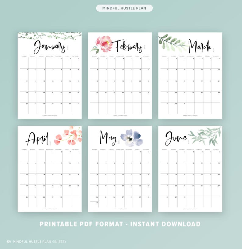 2026 Calendar Printable, Monthly Calendar PDF, Digital Flowers Watercolor, Floral Botanical, Wall, Letter Size A4, By month, Vertical Layout image 3