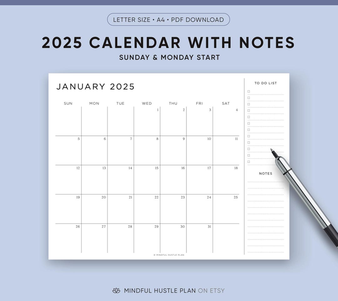 Printable 2025 Calendar With to Do List and Notes, Minimalist PDF ...