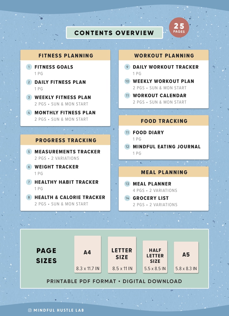 Fitness Planner Printable Bundle, Weight Loss Tracker Printable, Health Journal, Workout Log, PDF, Letter Size, A5, Half Size, A4 image 2