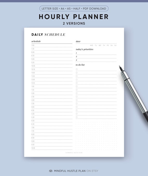 Daily Planner Printable, Hour Planner, Daily Schedule Printable PDF | A5, Half Size, A4, Letter, Remote Work Planner, Hourly Planner Inserts