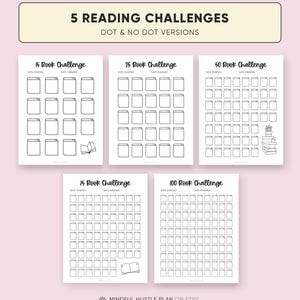 Op de afbeelding: Een roze achtergrond met vijf zwart-wit leesuitdagingsprints. Elke print bevat een ander aantal boeken om te lezen: 15, 25, 50, 75 en 100. De bovenste banner luidt "5 LEESUITDAGINGEN".