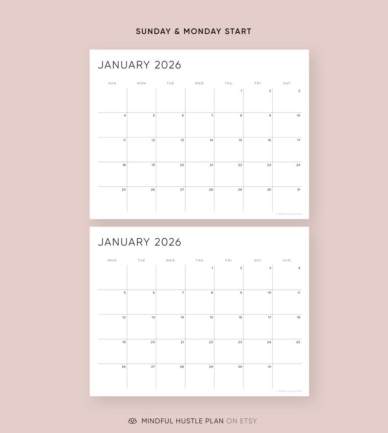 Printable 2026 Calendar, Minimalist PDF, Letter Size, A4, Landscape Layout, Sunday Monday Start image 4