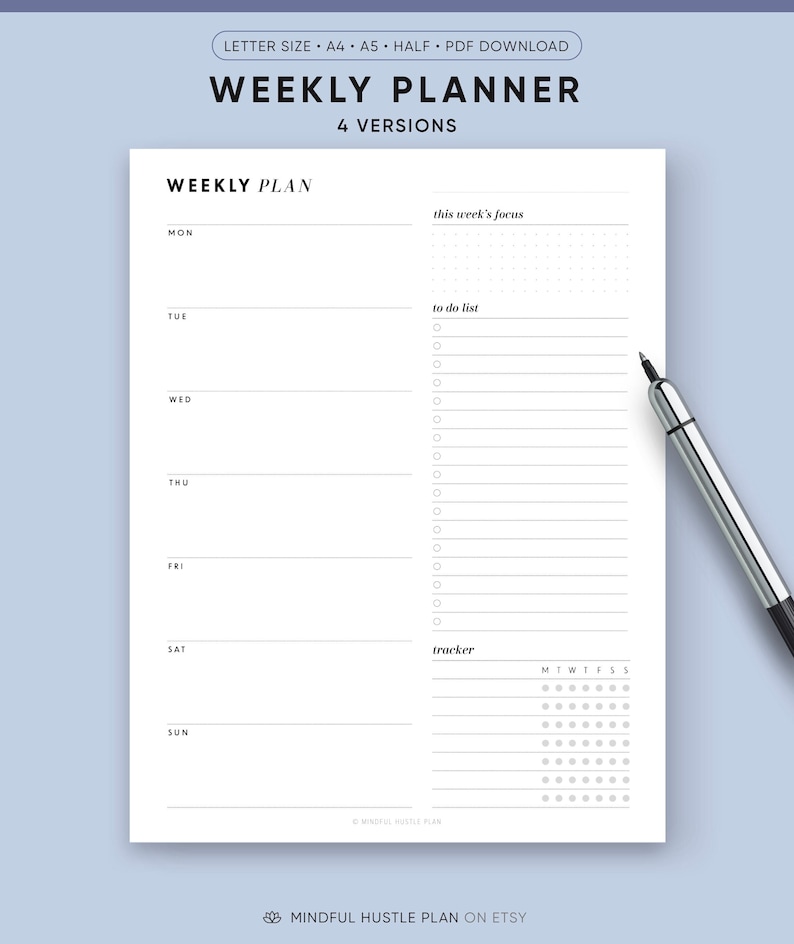 Weekly Planner Printable 4 in 1 Printable Weekly Task List PDF, A5, Half Size, Letter, A4 Digital Download, Minimalistt Design Templates image 1