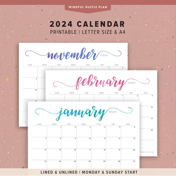 2024 Calendar Printable PDF, Watercolor Lettering Horizontal Layout, Monday  Start, Sunday, A4, Letter Size, Instant Download, for Kids - Etsy