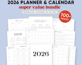 2026 Planer druckbare Bündel, Monatsplaner, Wochenplaner, Jahresplanung Seiten, A5 Einlagen, Letter Größe, A4, PDF-Download