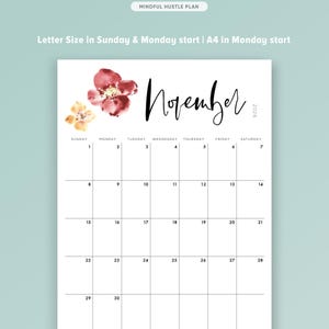 2026 Calendar Printable, Monthly Calendar PDF, Digital Flowers Watercolor, Floral Botanical, Wall, Letter Size A4, By month, Vertical Layout image 5