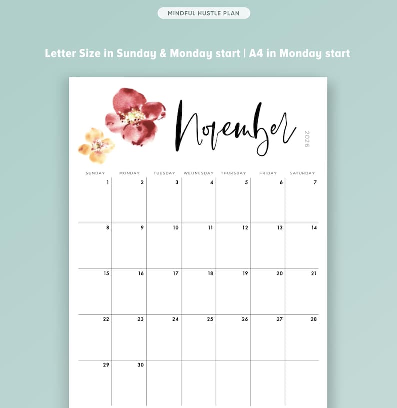 2026 Calendar Printable, Monthly Calendar PDF, Digital Flowers Watercolor, Floral Botanical, Wall, Letter Size A4, By month, Vertical Layout image 5
