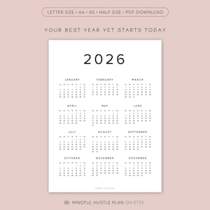 Calendario 2026 en una página imprimible, resumen del año, calendario de escritorio, PDF, tamaño carta, A4, inicio lunes, domingo, minimalista, vertical imagen 3
