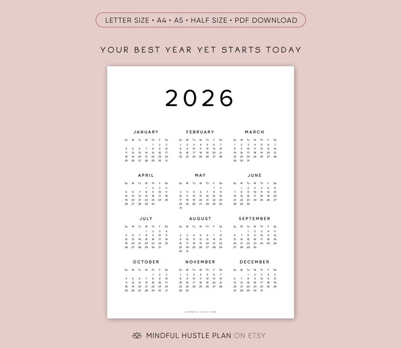 Calendario 2026 en una página imprimible, resumen del año, calendario de escritorio, PDF, tamaño carta, A4, inicio lunes, domingo, minimalista, vertical imagen 3
