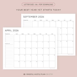2026 Printable Calendar with To Do List, Desk Calendar, PDF, Letter Size, A4, Monday & Sunday Start, Monthly Calendars, Downloadable, Goals image 4