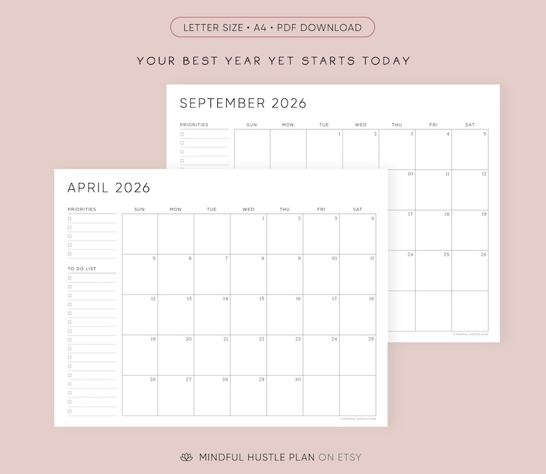 2026 Printable Calendar with To Do List, Desk Calendar, PDF, Letter Size, A4, Monday & Sunday Start, Monthly Calendars, Downloadable, Goals image 4