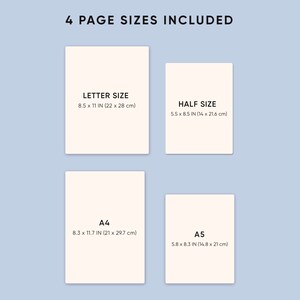 Op de afbeelding: Er worden vier verschillende papierformaten getoond: Letter (8,5 x 11 inch), Half (5,5 x 8,5 inch), A4 (8,3 x 11,7 inch) en A5 (5,8 x 8,3 inch).