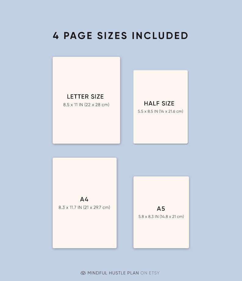 Op de afbeelding: Er worden vier verschillende papierformaten getoond: Letter (8,5 x 11 inch), Half (5,5 x 8,5 inch), A4 (8,3 x 11,7 inch) en A5 (5,8 x 8,3 inch).