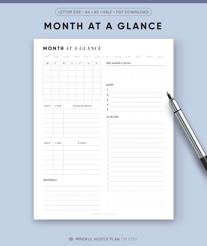 Month at a Glance Printable, Monthly Dashboard, Printable Planner ...