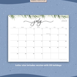 calendar printable 2024, botanical, horizontal layout