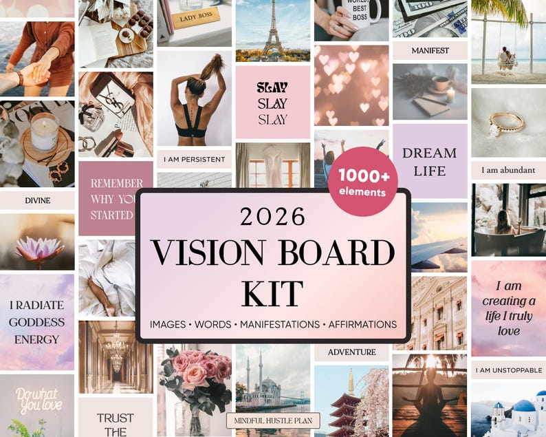 Vision Board Kit Printables 2026, Aesthetic Pictures, Images, Words, Visionboard for Women, Positive Affirmations, Manifestation image 1