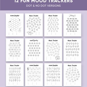 K&ouml;nnte beinhalten: Zw&ouml;lf schwarz-wei&szlig;e druckbare Stimmungs-Tracker mit verschiedenen Themen. Jeder Tracker hat ein Raster mit einem anderen Design, wie z. B. Schmetterlinge, Herzen und Eiswaffeln. Der Text "12 FUN MOOD TRACKERS" und "DOT & NO DOT VERSIONS" befindet sich oben im Bild. Der Text "MINDFUL HUSTLE PLAN ON ETSY" befindet sich unten im Bild.