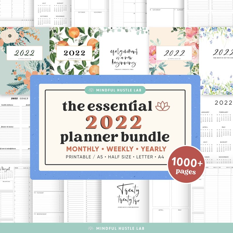 2022 Planner Printable, Bundle, Daily Planner 2022 Weekly and Monthly Agenda, Inserts, Pages | A5, Half Size, Letter, A4, PDF 